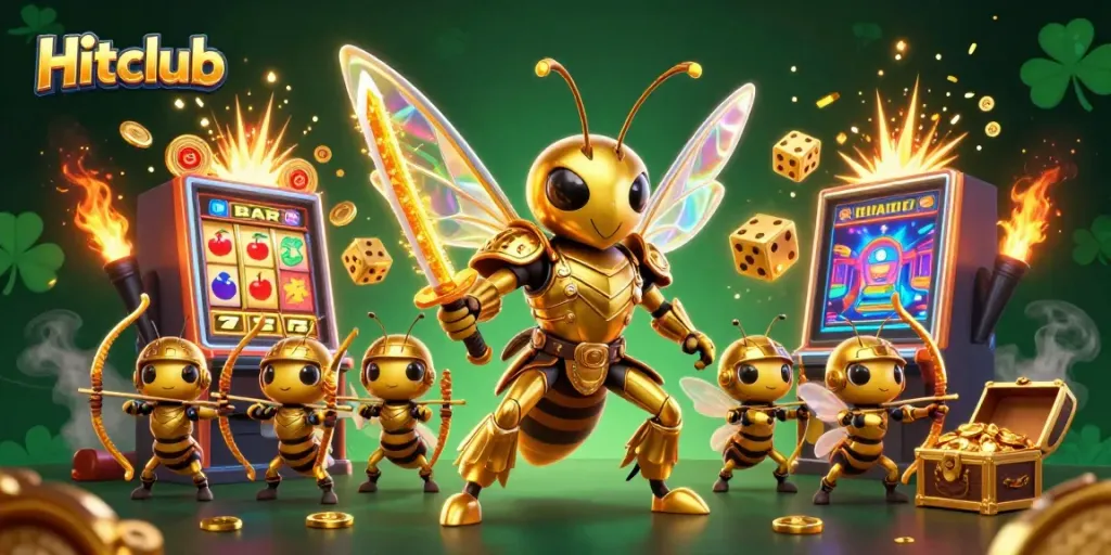 Hitclub’s dynamic golden hornet samurai leads a casino adventure filled with slot machines and treasures.