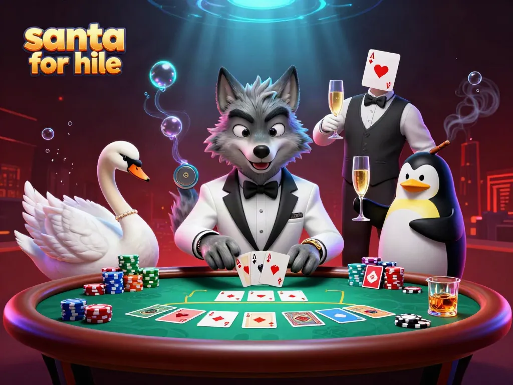 Playfully engaging scene of a wolf, swan, and penguin at a baccarat table, showcasing fun elements of gambling while promoting santa for hire.
