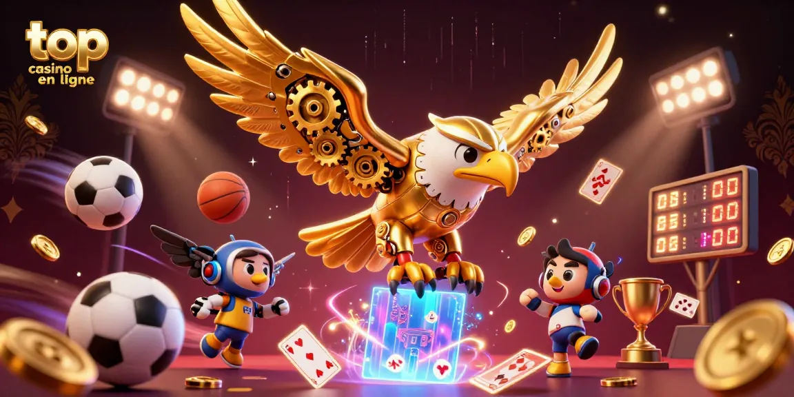 Admirez un aigle doré cybernétique avec des cartes de jeu holographiques pour le top casino en ligne.