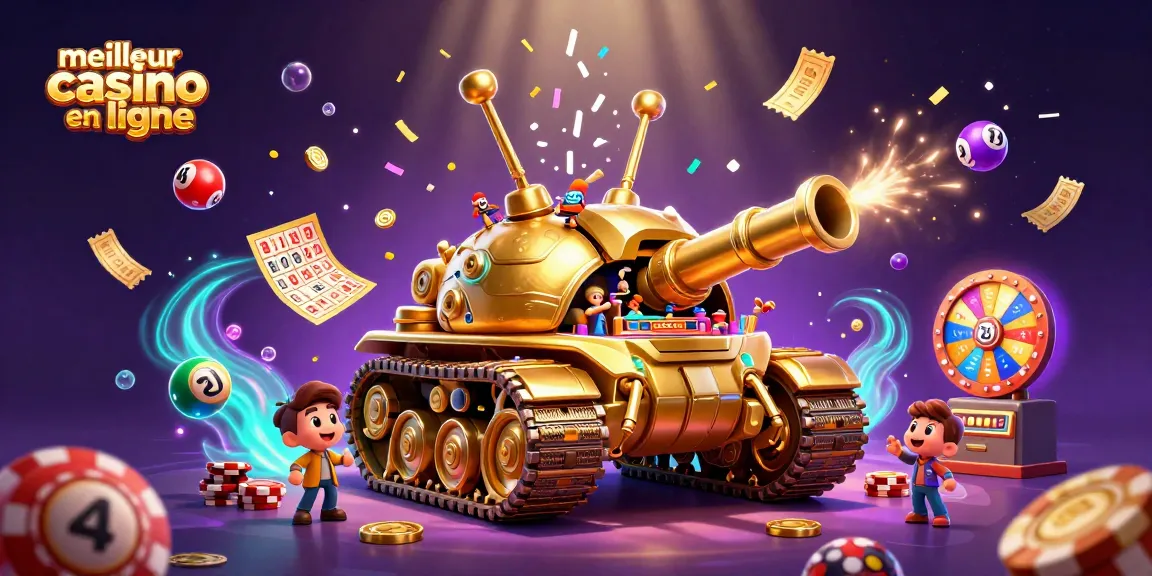 Visualisez le meilleur casino en ligne avec un tank-coléoptère doré et une ambiance festive de jeux.