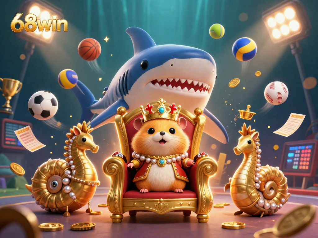 Experience the excitement at 68win with the golden hamster king and vibrant sports elements in an underwater casino adventure.