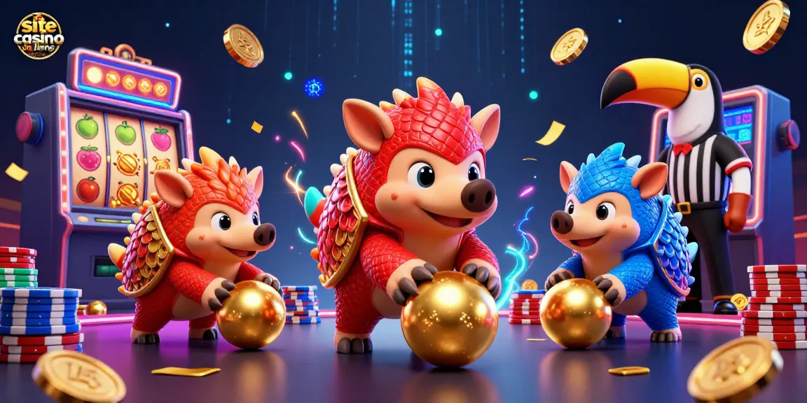Les pangolins rivaux en combat ludique de ballons dorés sur un site casino en ligne animé.