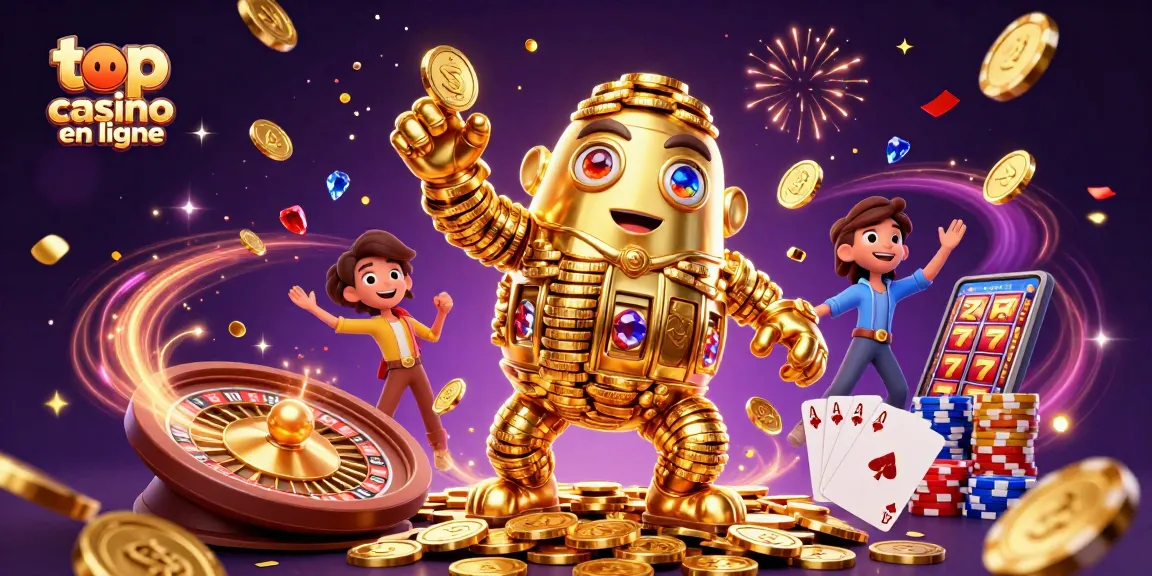 Découvrez le top casino en ligne avec des éléments de jeu animés dans une illustration 3D captivante.