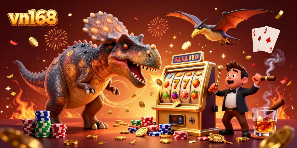 Experience the thrill of vn168 as dinosaurs win jackpots and catch coins in a vibrant casino scene.