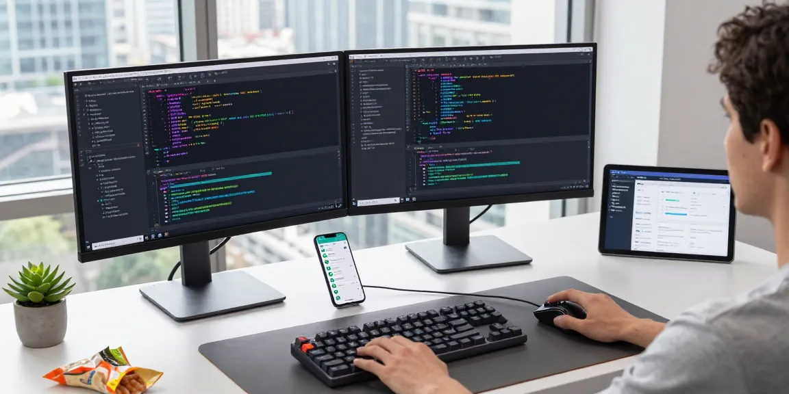 Software developer using AI chatbot at a modern workspace, showcasing coding screens and a vibrant atmosphere.