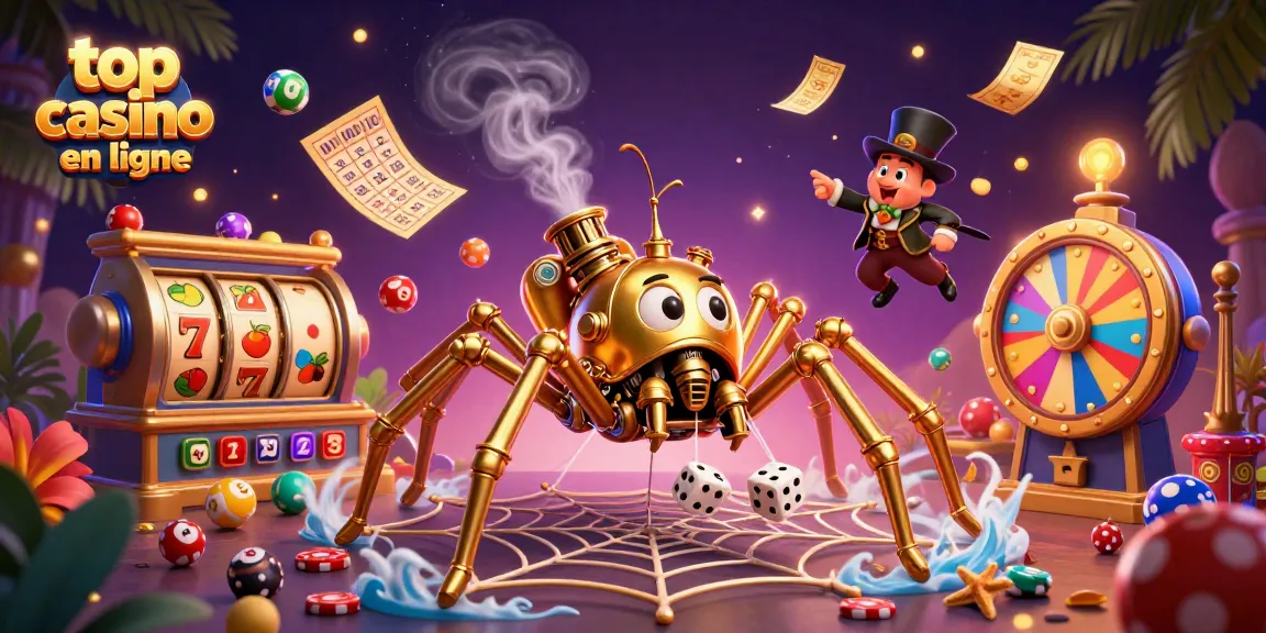 Visualisez le meilleur casino en ligne avec une araignée dorée steampunk tissant un web de jeux de hasard captivants.
