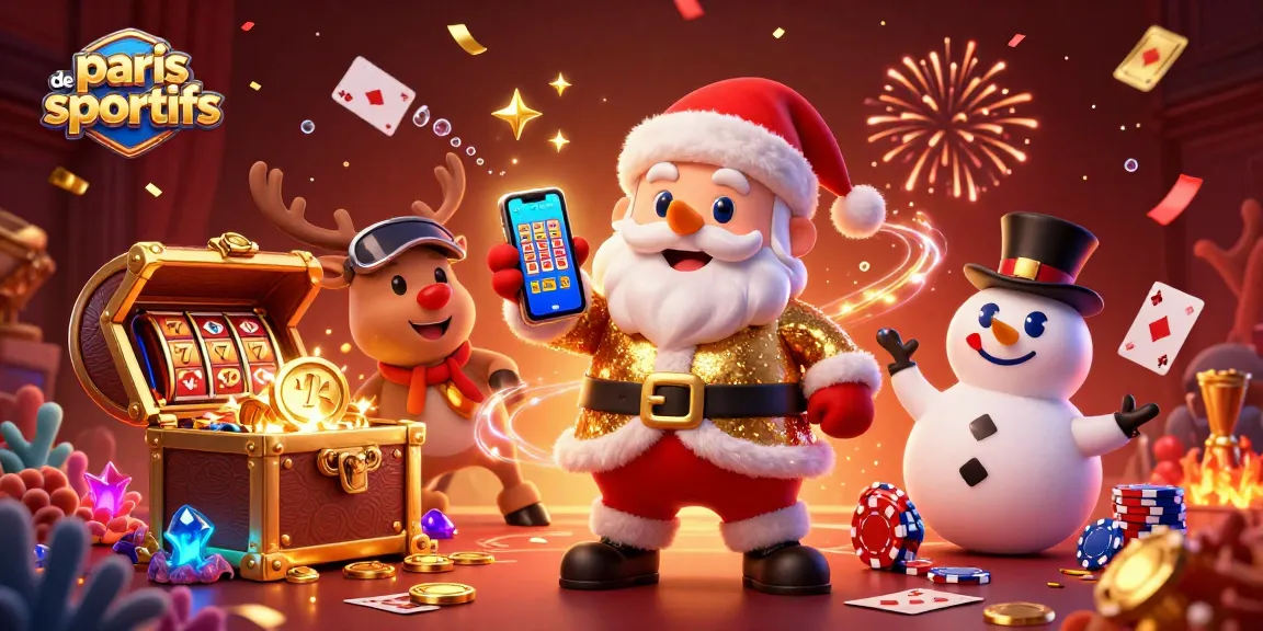 Améliorez vos paris sur le site de paris sportifs avec Santa, ses amis et des trophées en arrière-plan.