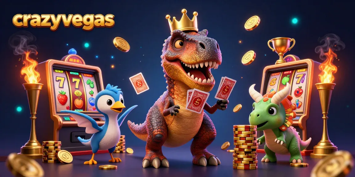 Engage with crazyvegas as a friendly T-Rex shuffles cards at a vibrant casino scene with dynamic jackpot elements.