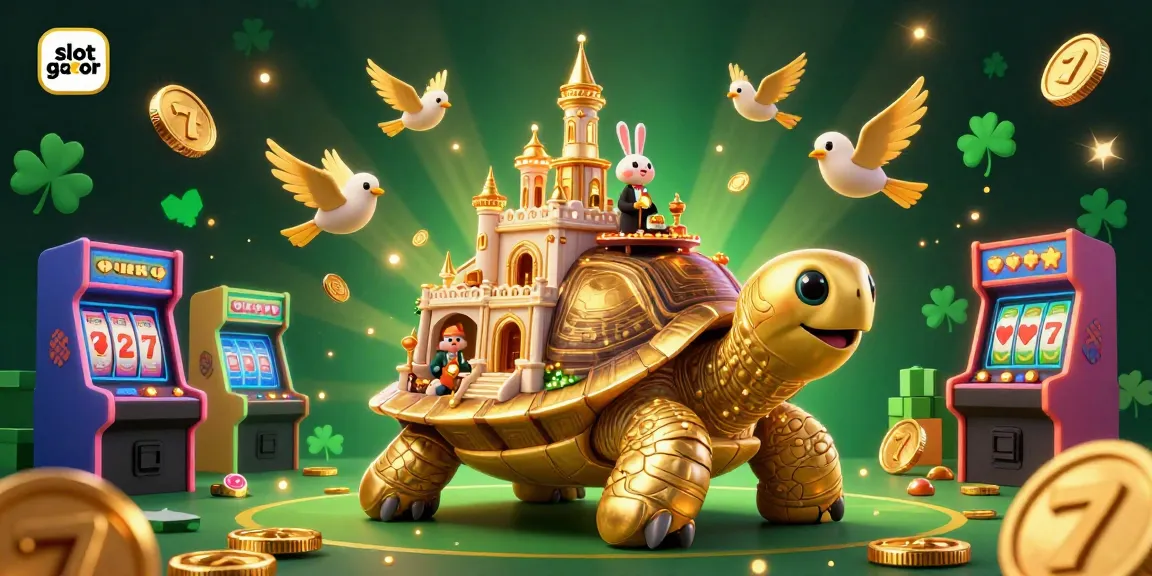 Engage with slot gacor through a vibrant 3D scene showcasing a golden tortoise casino with lively game elements.