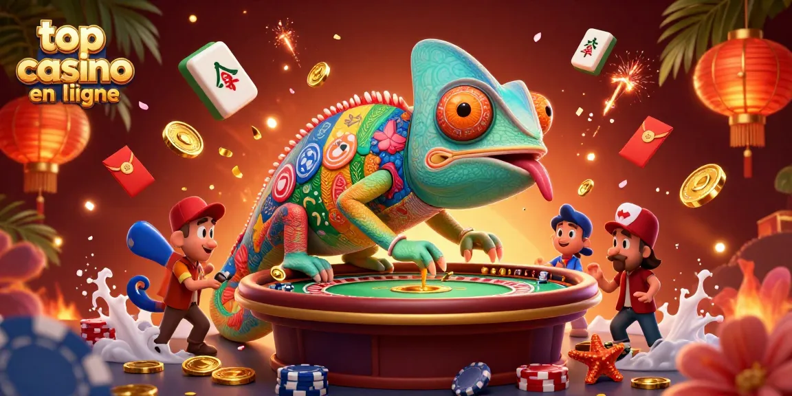 Jouez dans le top casino en ligne avec des personnages colorés et des éléments festifs autour.