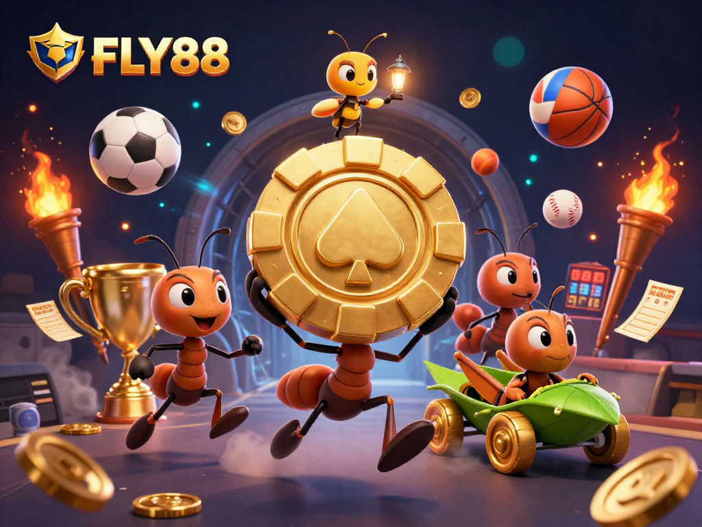 FLY88 showcases a team of ants on a heist with golden poker chips, symbolizing the thrill of online gaming.