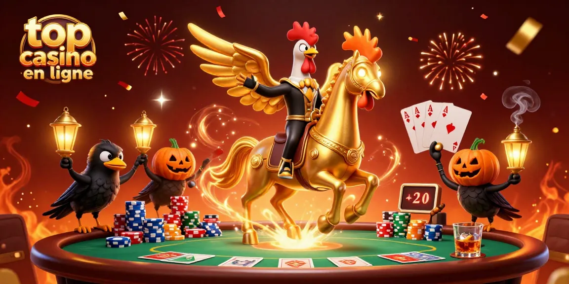 Une scène dynamique de casino illustrant le top casino en ligne avec un coq doré, des cartes de poker et des confettis.
