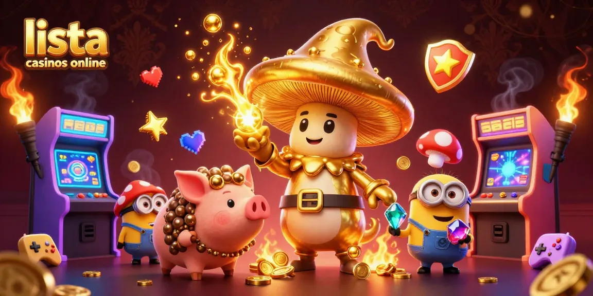 Descubre la lista de casinos online con un ilustrativo mago dorado y trufas mágicas rodeados de máquinas de juego.