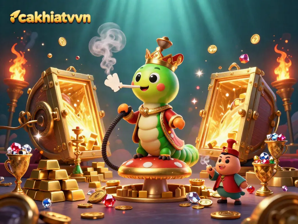 Experience the dynamic world of cakhiatvvn with this vibrant 3D portrayal of a whimsical caterpillar in a sultan outfit surrounded by casino treasures.
