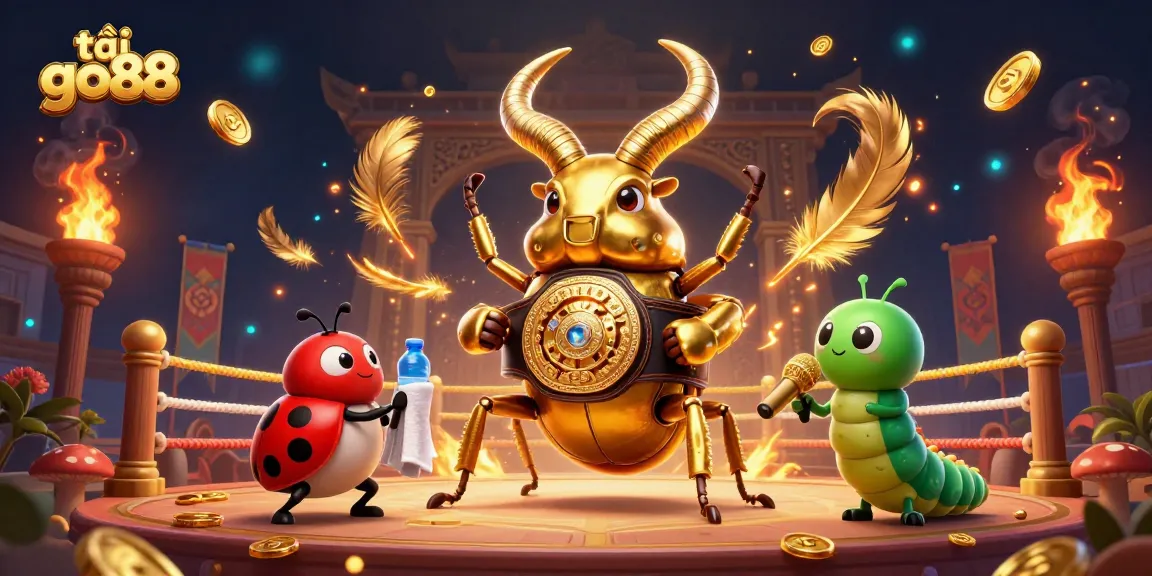 Betting big with tải go88: A dynamic 3D scene featuring a golden stag beetle champion surrounded by vibrant casino elements.