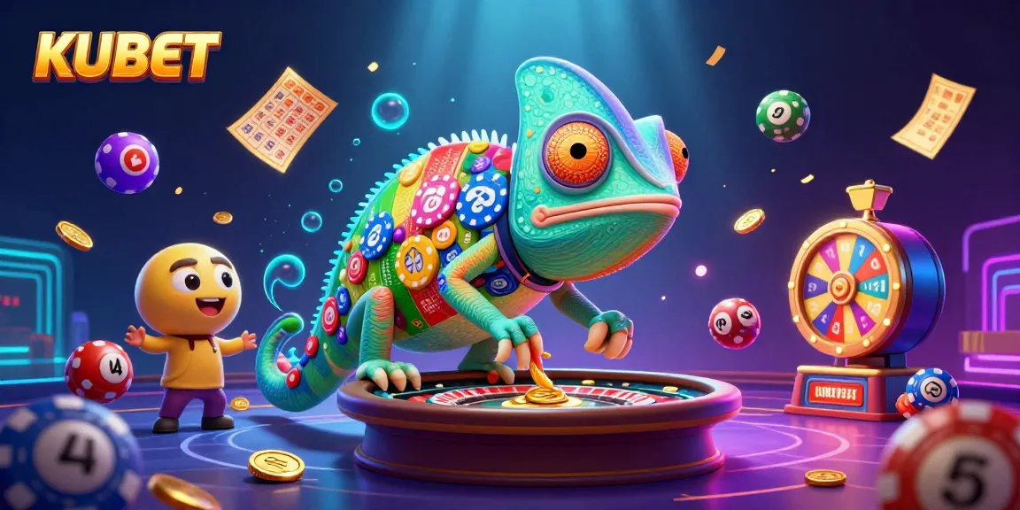 KUBET casino owner chameleon captures golden coins amidst vibrant lottery elements in a dynamic gambling scene.
