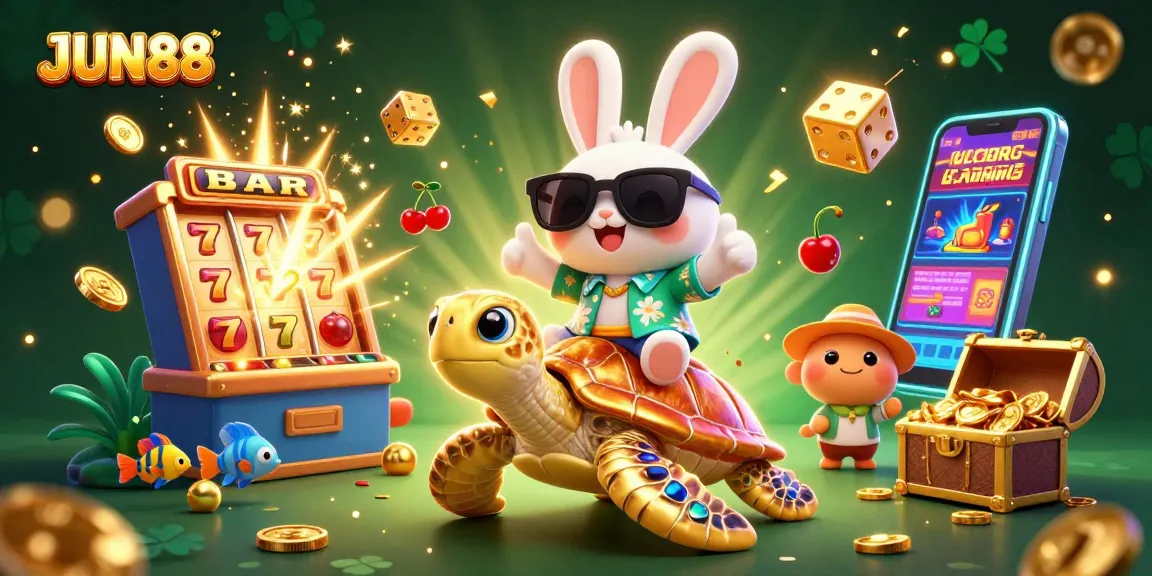 Experience thrilling gameplay at JUN88 with a lucky rabbit and golden turtle amidst a colorful casino explosion.