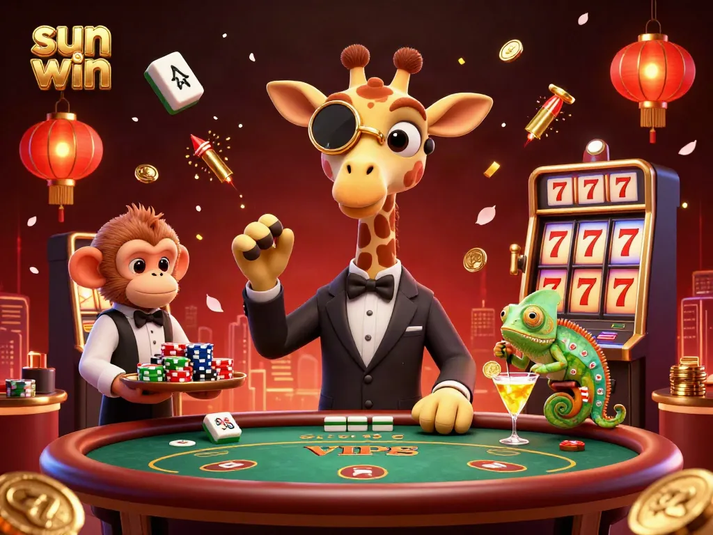 Experience the excitement of sun win at our vibrant VIP casino featuring a high-roller giraffe and lucky elements.