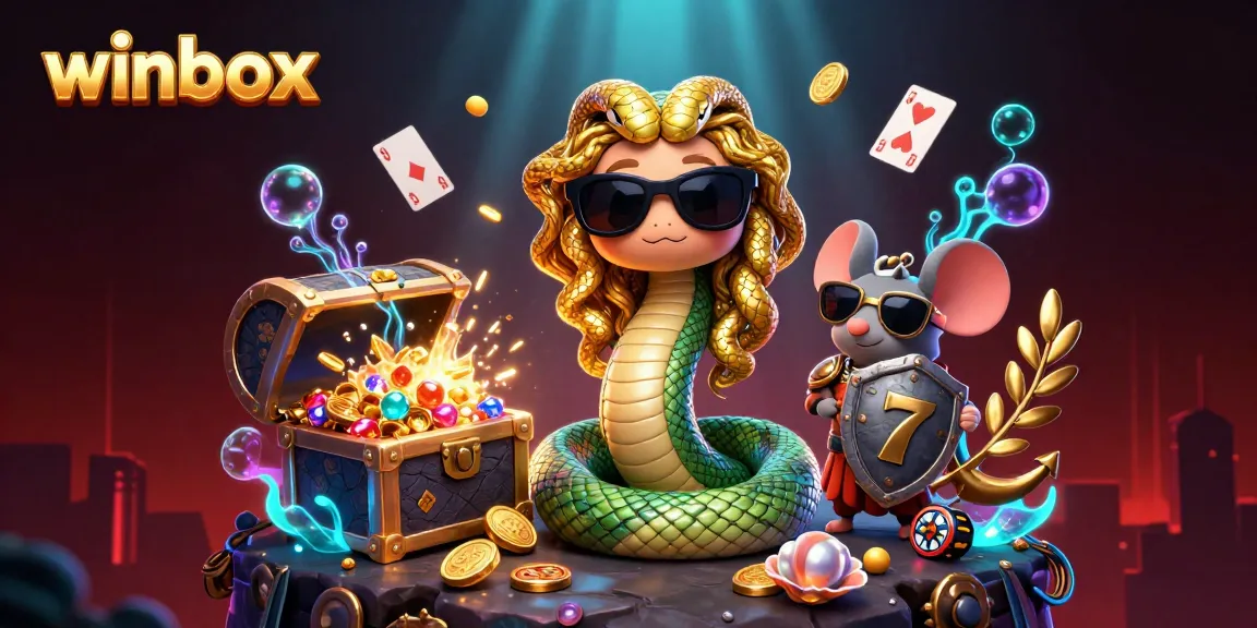 Winbox promotional illustration with Medusa, warrior mouse, slots, and treasure elements for engaging casino experience.