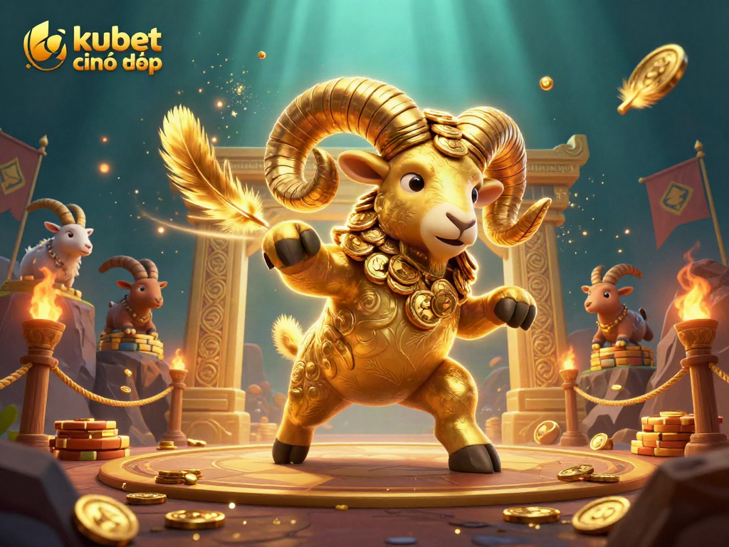 Engage with kubet chính thức in dynamic gaming arena featuring golden ram, coins, and vibrant casino elements.
