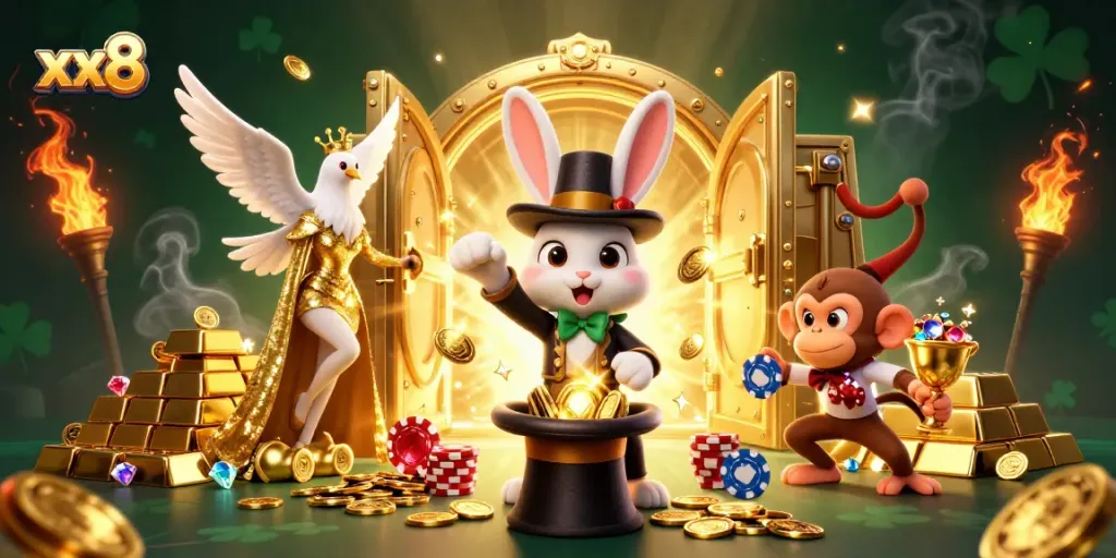 Experience the excitement of xx8 as a magical rabbit reveals treasures among sparkle and winning chips.