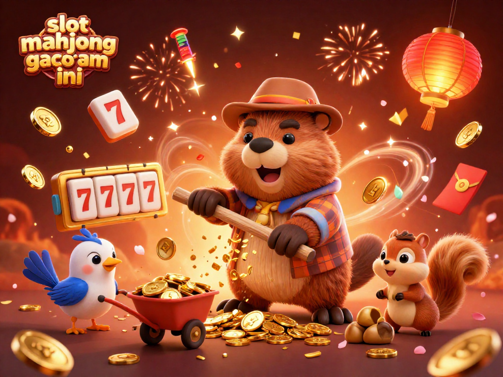 Spin to win with slot mahjong gacor malam ini featuring a beaver and playful companions in a festive casino scene.