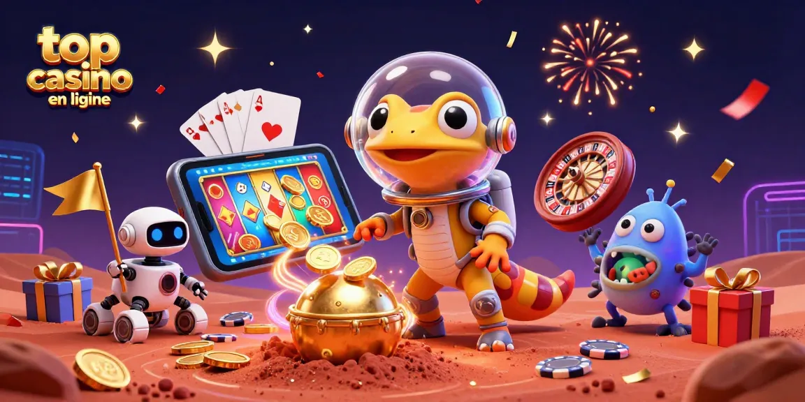 Image d'un gécko martien découvrant un top casino en ligne, rempli de jeux et de festivités.