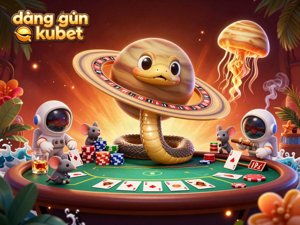 Engage in đăng nhập kubet with lively 3D characters around a roulette wheel in a festive cosmic casino.
