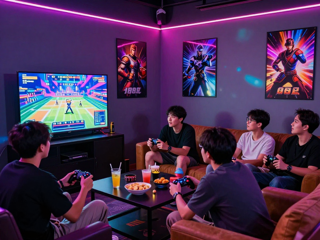 Friends enjoying a lively gaming night playing slot88 in a vibrant lounge setting.