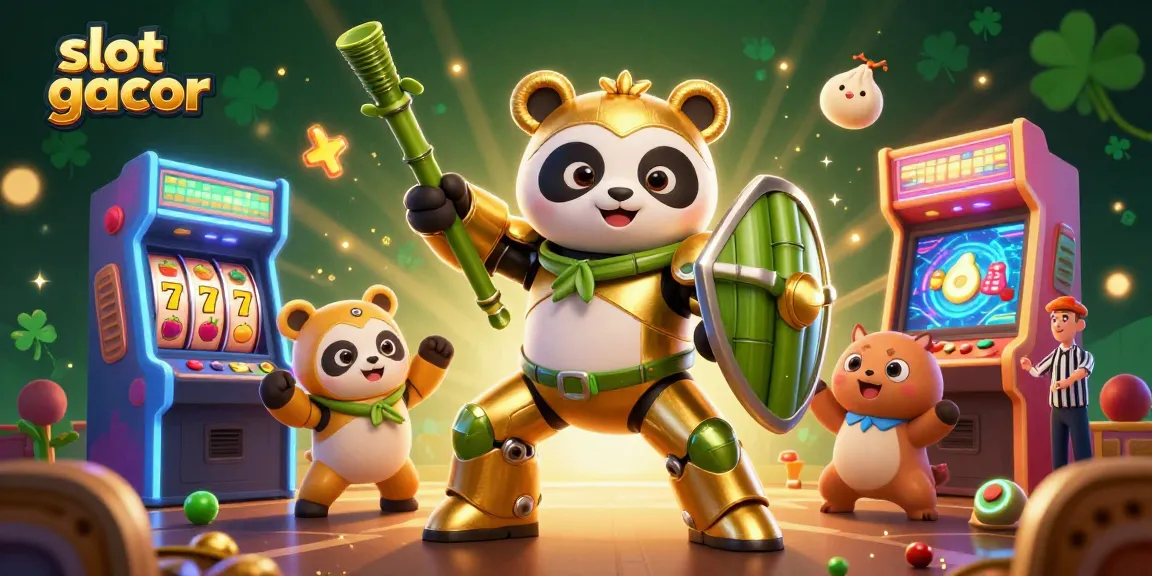 Bermain slot gacor dengan panda emas dan robot bambu di arena kasino penuh gemerlap.