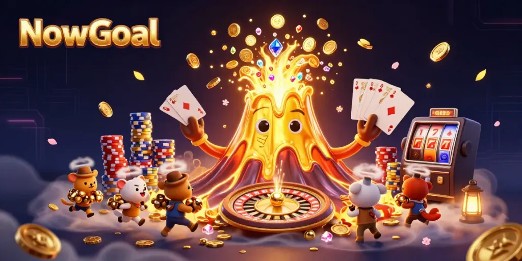Experience thrilling sports bets with NowGoal, featuring dynamic golden volcano and coins in a rich casino scene.
