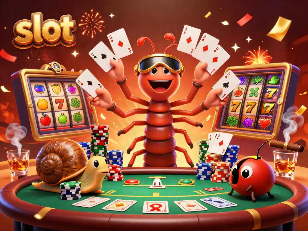 Players spinning the slot reels in a vibrant 3D scene with colorful characters and poker elements.