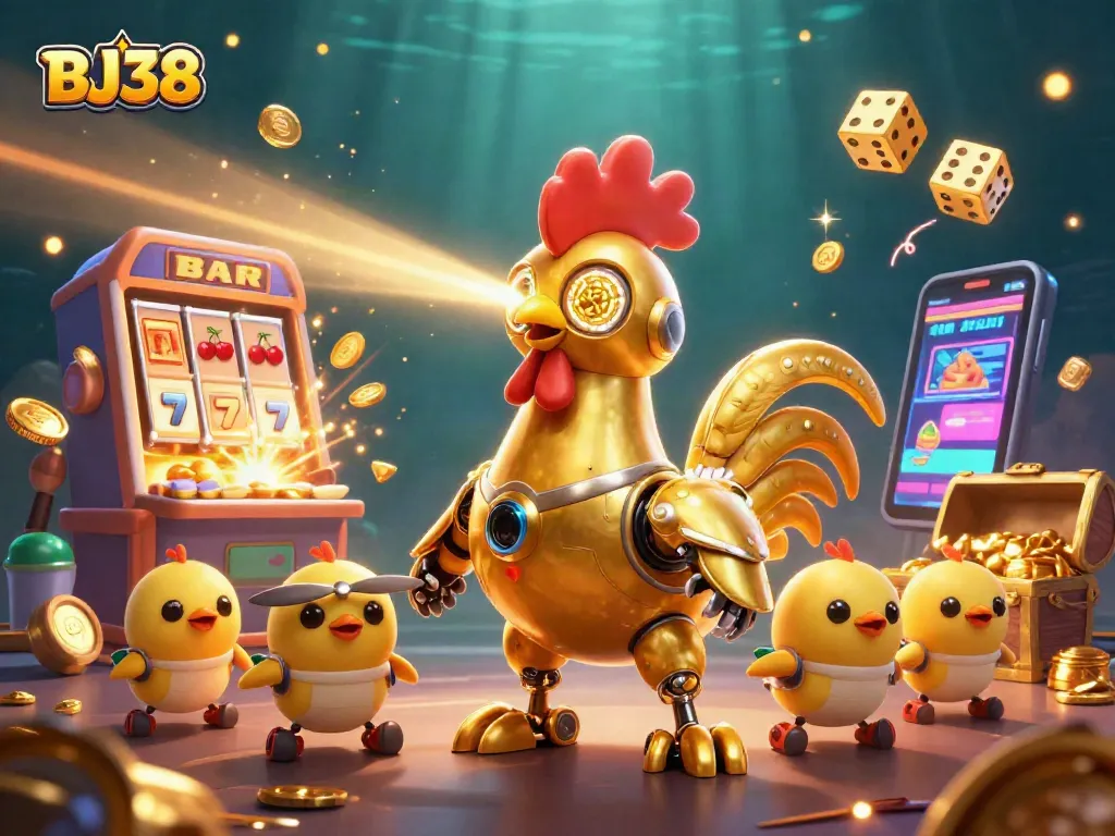 Engage in BJ38's thrilling gaming experience with laser-engraving golden rooster and cash prizes.
