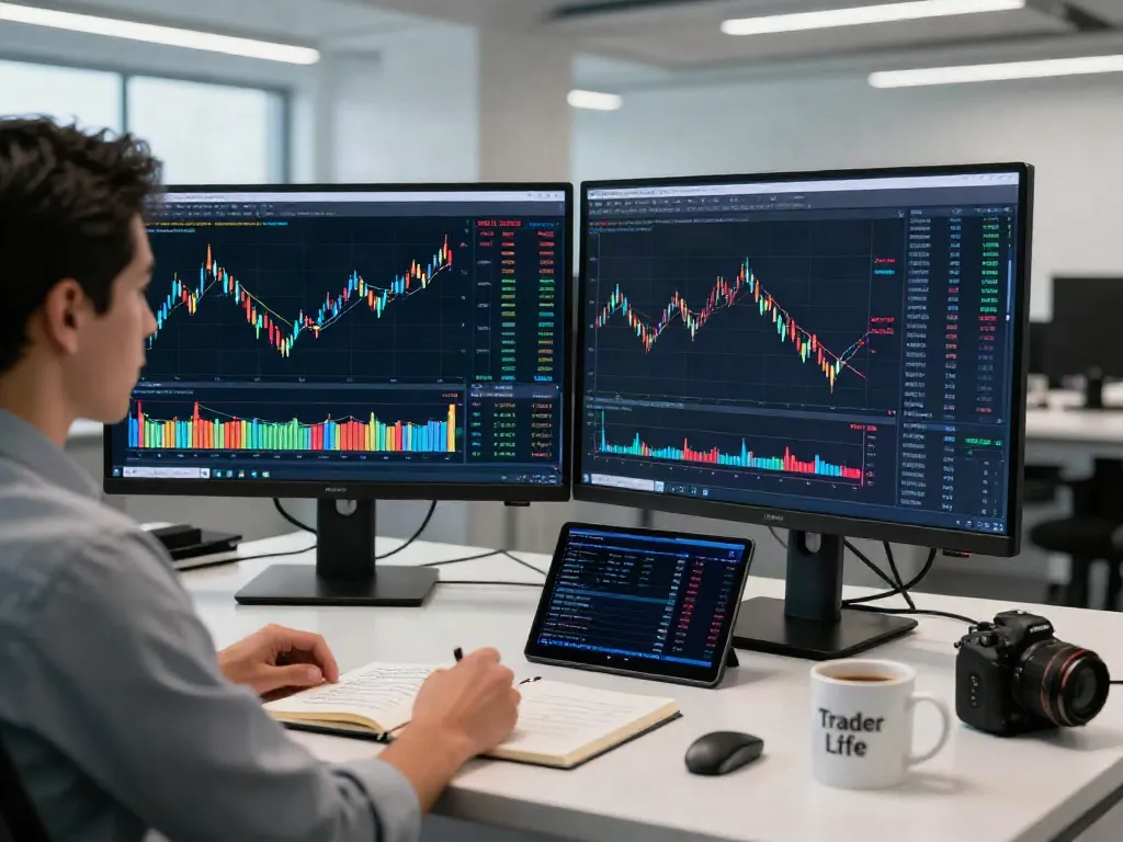 Trader using MetaTrader 5 platform for financial analysis in a modern office.