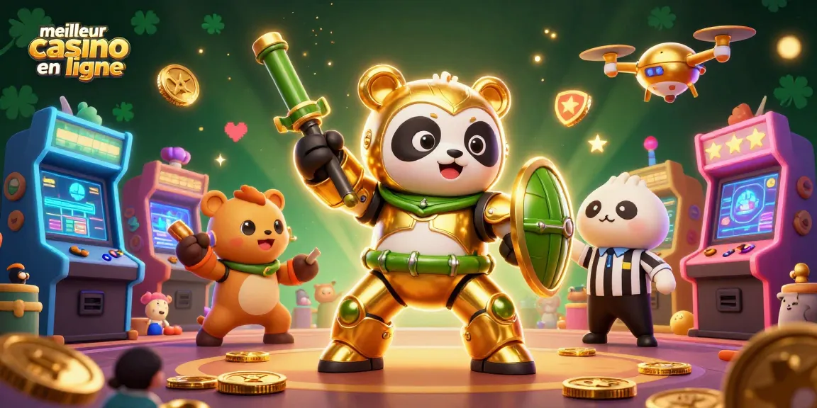 Illustration dynamique du meilleur casino en ligne avec un panda pilote en armure dans une arène colorée.
