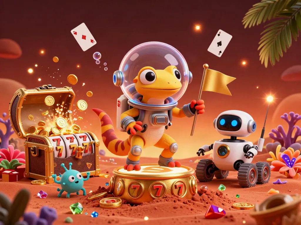 Engage in situs slot adventures with a Martian gecko discovering a golden casino amidst colorful gems and exciting elements.