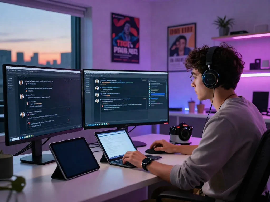 Developer using an unfiltered AI chat platform in a vibrant tech workspace.
