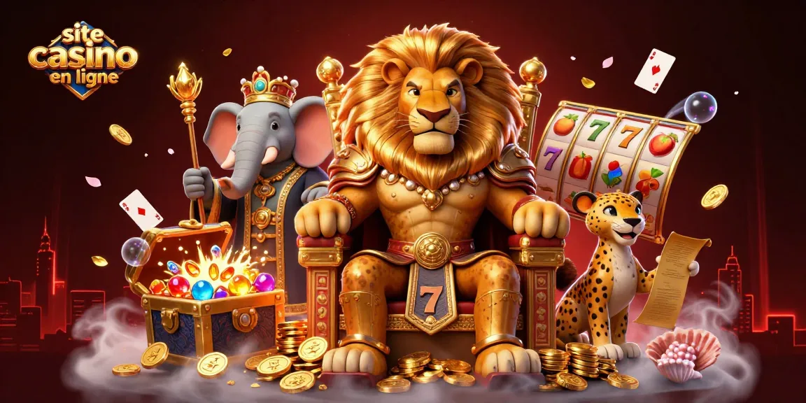 Illustration dynamique d'un site casino en ligne avec un roi lion, un éléphant sage et un guépard messager.