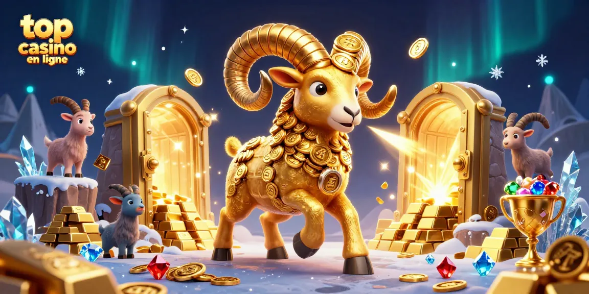 Plongez dans l'univers des jeux avec le top casino en ligne mettant en scène un bélier doré et des trésors scintillants.