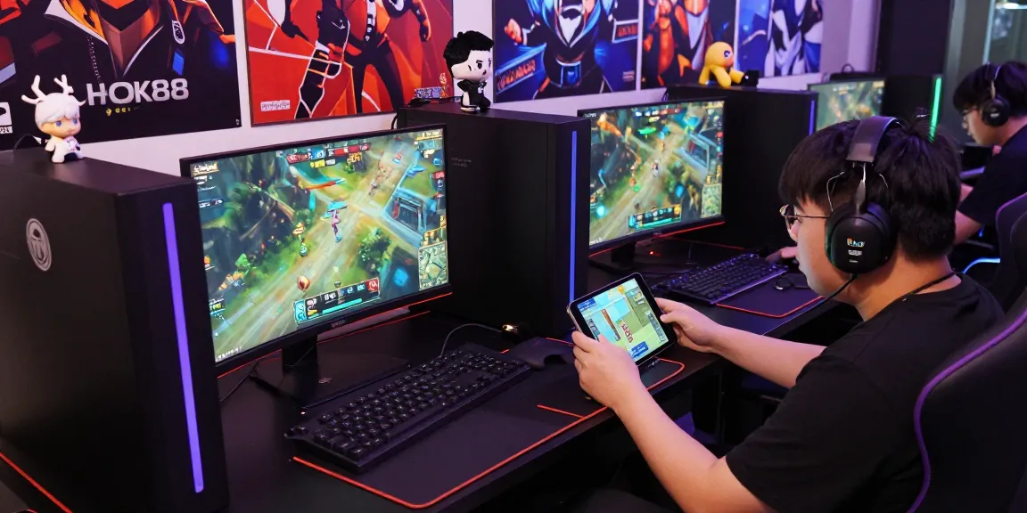 Engaged gamers immersed in rokok88 online match with dynamic setups and vibrant atmosphere