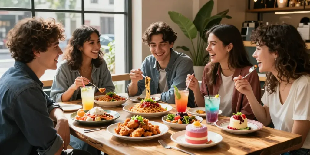 Friends enjoying rokok88 alternatif viral food menu items in a trendy café setting.