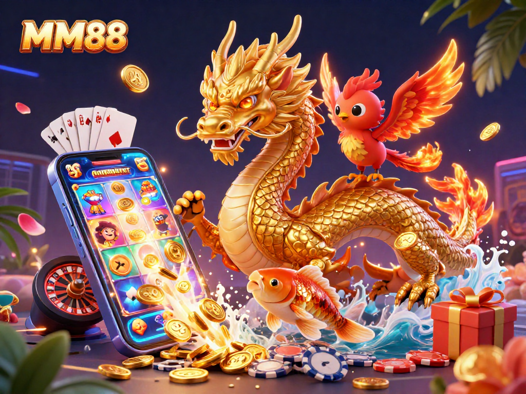 Experience thrilling gameplay at MM88 with a golden dragon and lucky koi fish amidst vibrant casino elements.