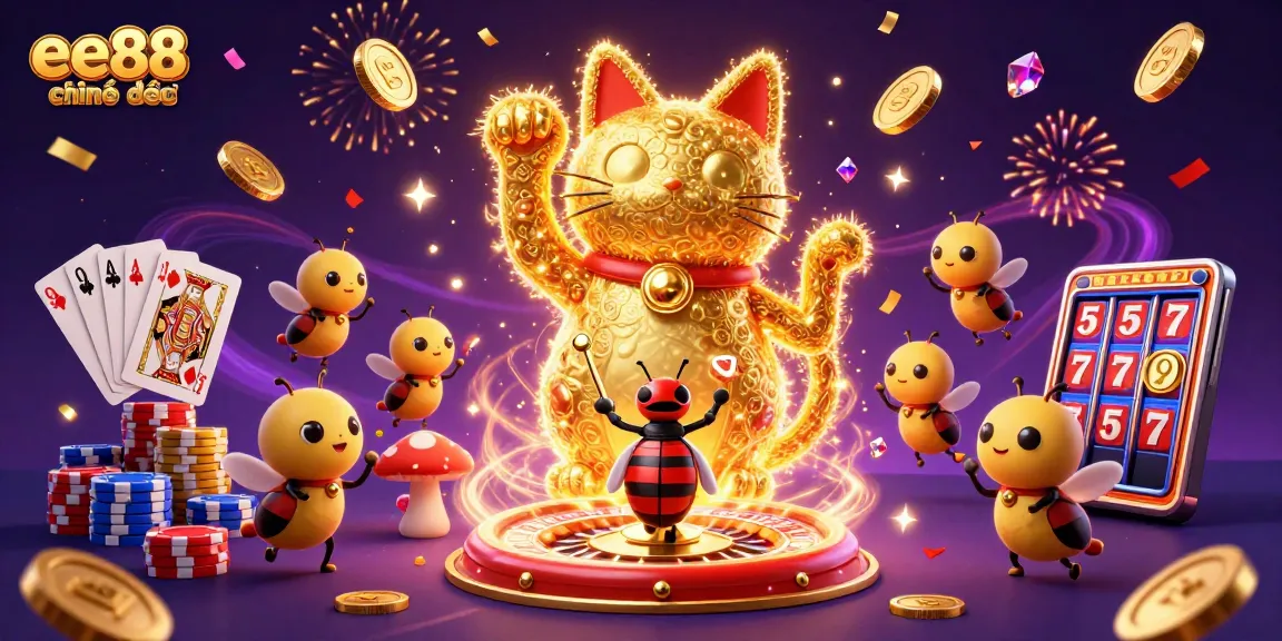 Engage with ee88 chính thức at a vibrant casino scene featuring golden fireflies and celebratory elements.