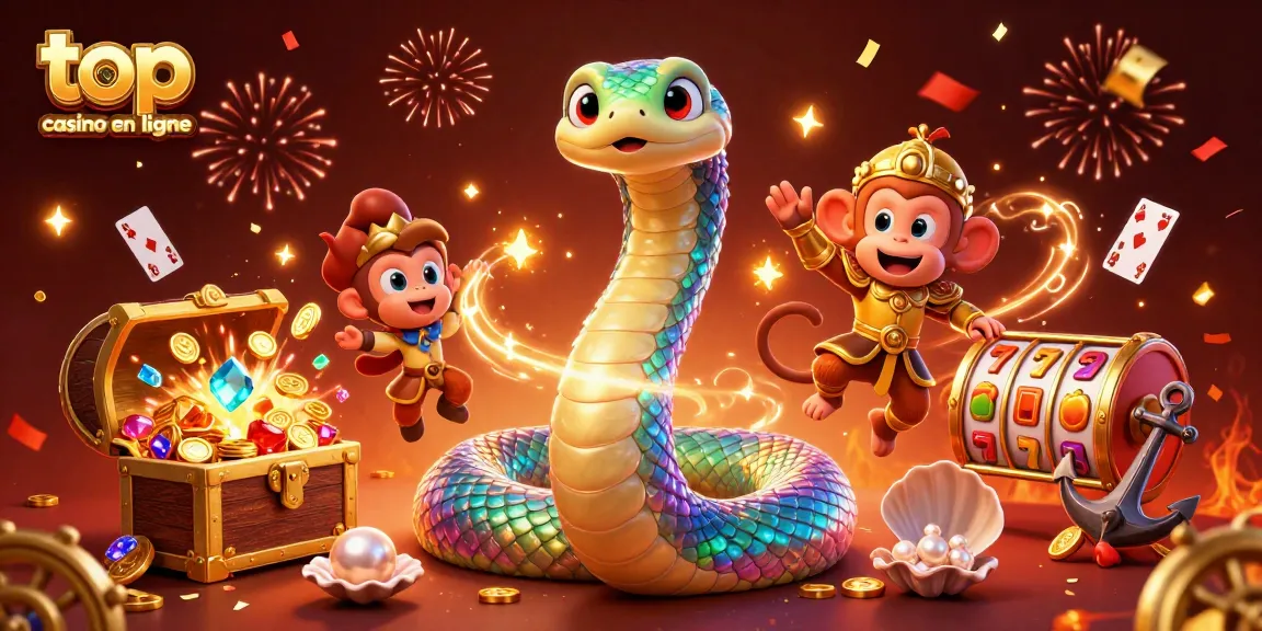Gagnez au top casino en ligne avec une scène vibrante de serpent coloré et un roi singe doré.