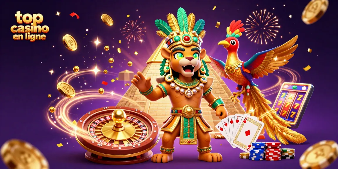 Illustration vivante de top casino en ligne créant une ambiance festive avec un prêtre jaguar et ornements.