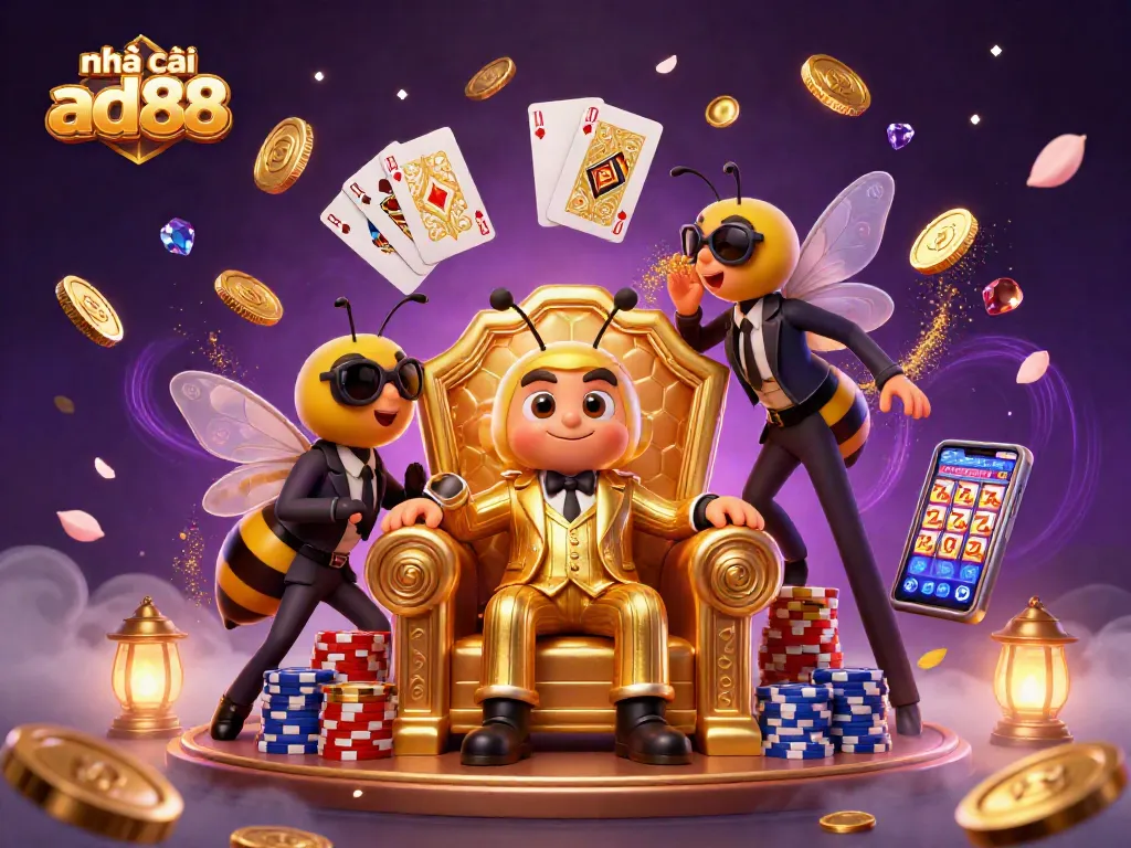 nhà cái ad88 showcases a lively casino scene featuring a bumblebee mob boss and vibrant gaming elements.
