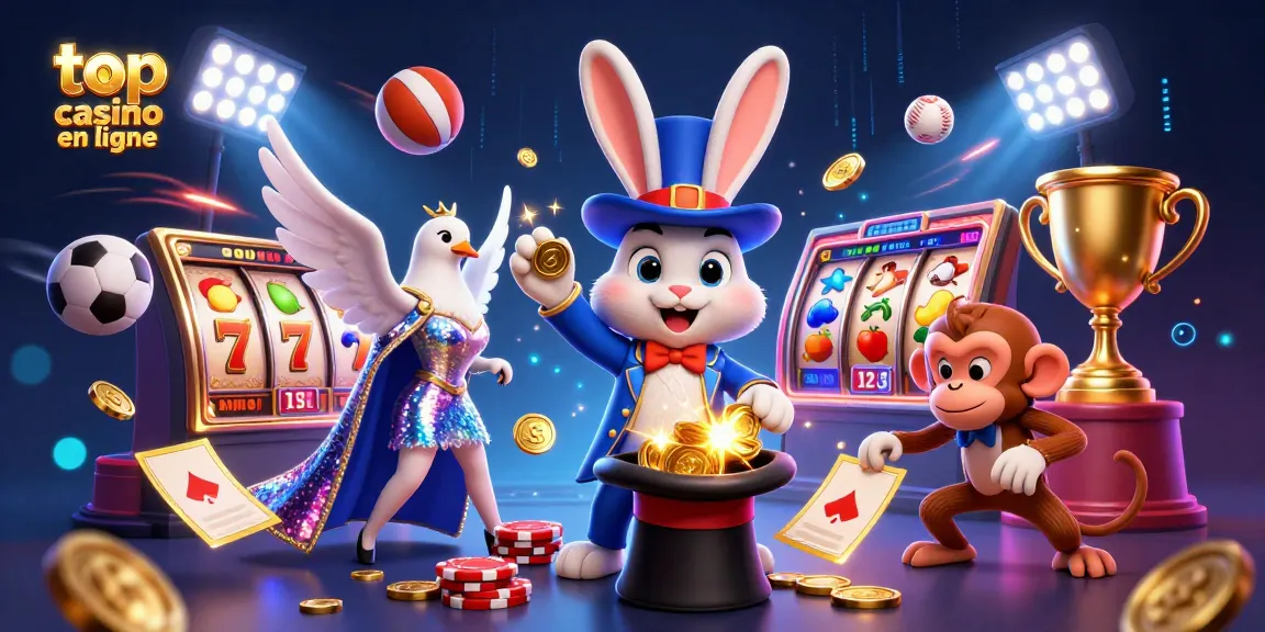 Scène dynamique avec le top casino en ligne, un lapin magicien et une colombe dans des tenues brillantes.