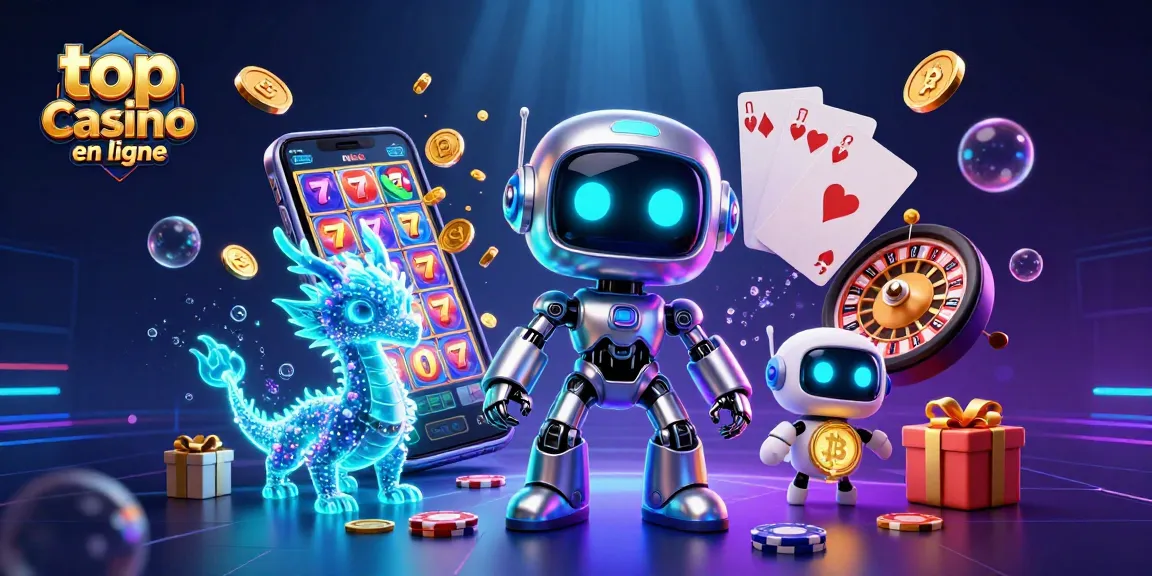 Jouer au top casino en ligne avec un robot cybernétique et un dragon holographique dans un décor vibrant