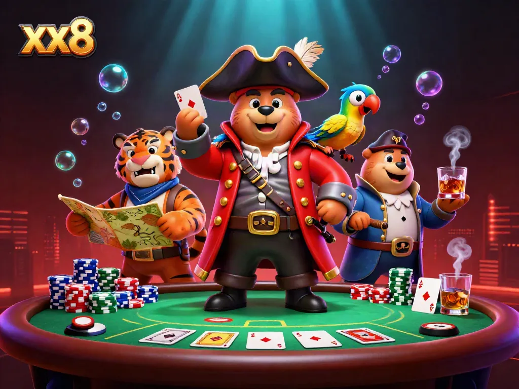 Experience dynamic gaming action at xx8 with a vibrant casino scene featuring poker elements