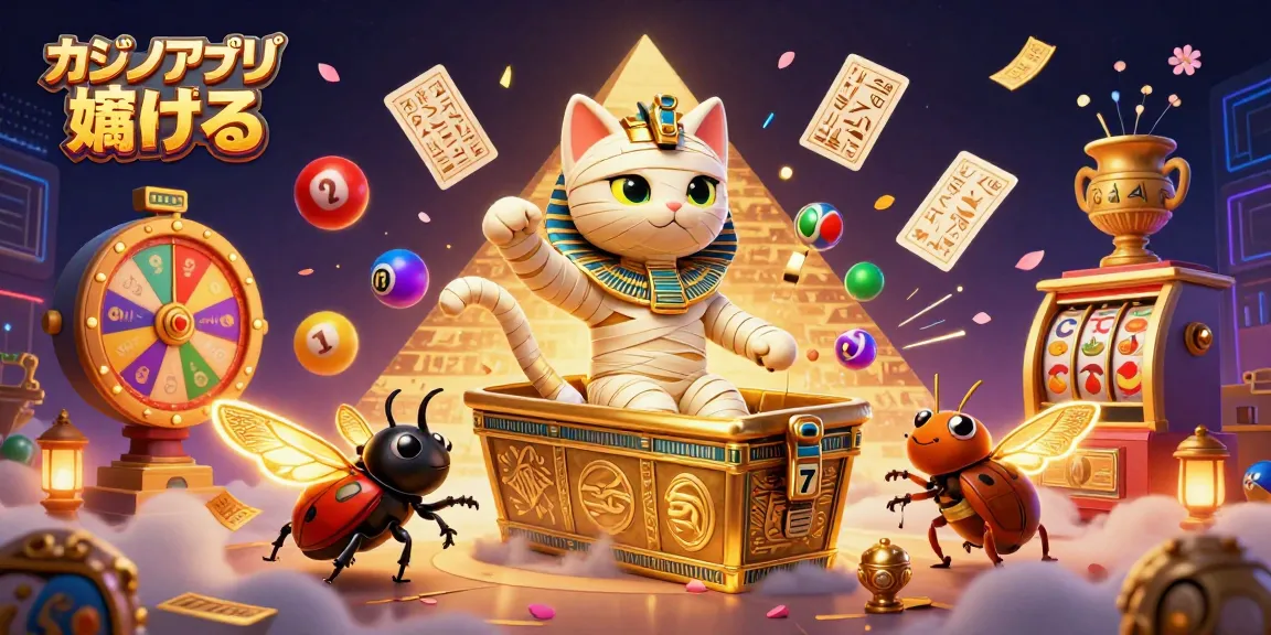 カジノアプリ 稼げるの魅力溢れるシーンで、エジプトのミイラキャットとスカラベの仲間が描かれています。